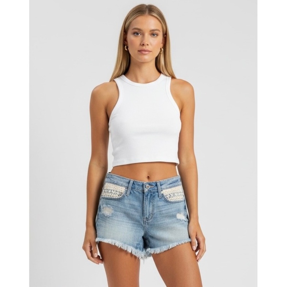 Hollister Crochet Lace Distressed Denim Shorts Size 0 W24 Blue Light‎ Wash Boho